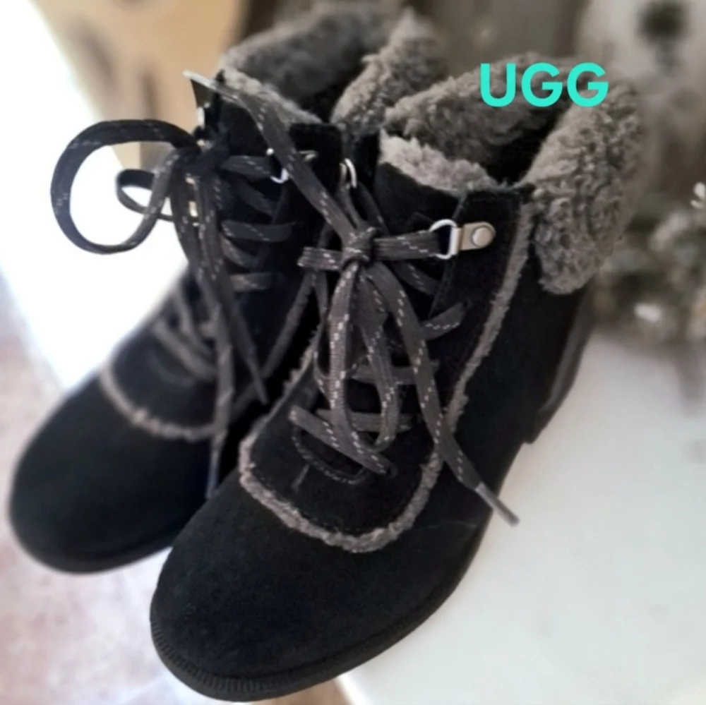 Womens Bodie Ugg Black Suede Fur-Trim Lace-Up Boots Winter Warm 6.5